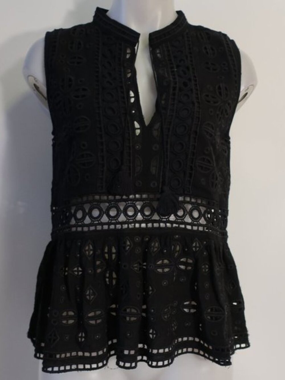 Black Broderie Anglaise Eyelet Sleeveless Peplum Top